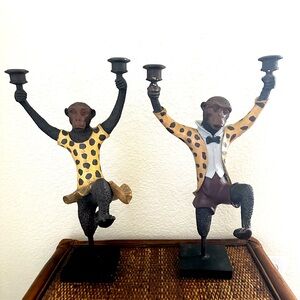 Howchow Neiman Marcus Austin Dancing Monkey Candle Holders. Rare Cast Iron.